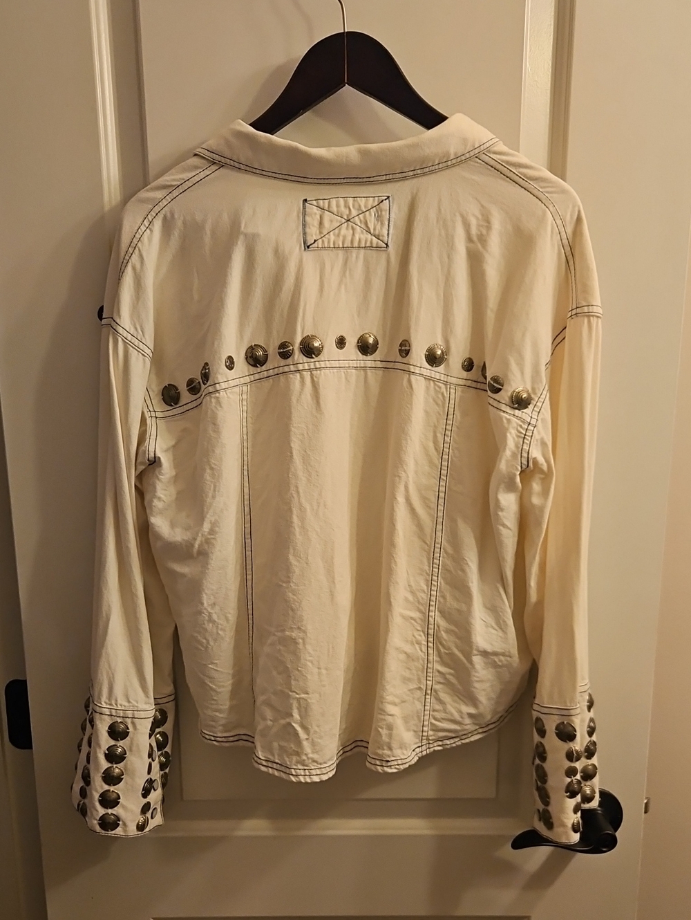 We The Free Austin Denim Jacket, Ivory, Western Studded Shirt Jacket, M - Picture 8 of 12